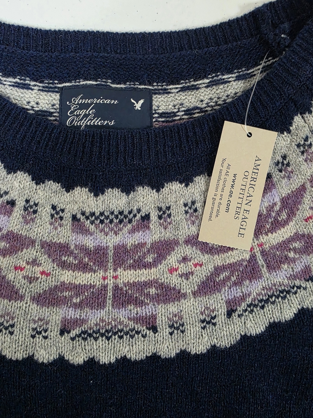 NWT American Eagle Navy Crewneck Wool Sweater Lavender Fair Isle Yoke MEDIUM - Picture 6 of 12